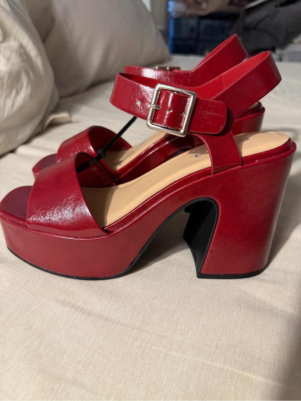 Soda Red Patent Platform Block Heel Sandals